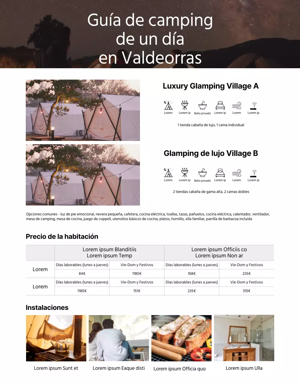 Sencilla página verde ilustrada de reservas de camping