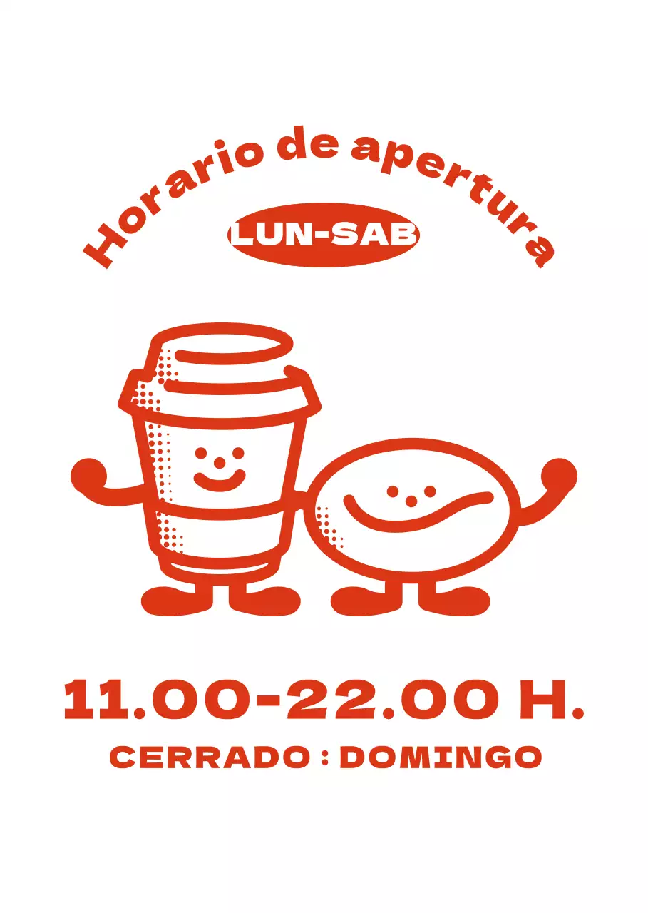 Simpáticas ilustraciones rojas de café y granos con información sobre el horario de apertura de la cafetería