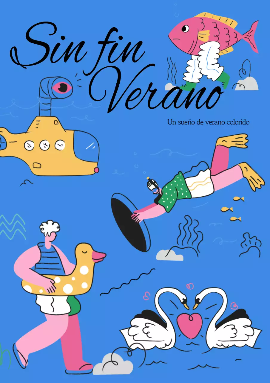 Promoción de verano con ilustraciones artísticas sobre fondo azul