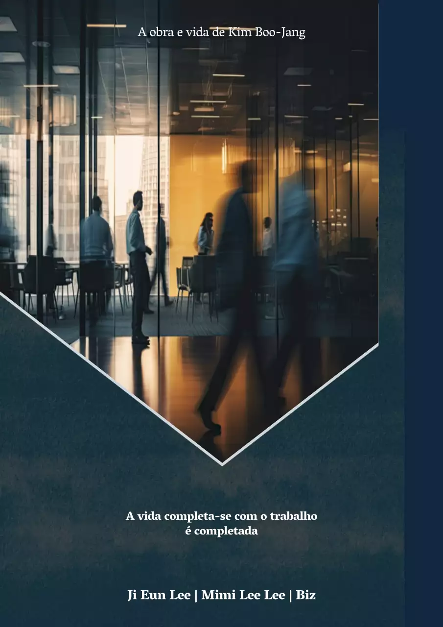 Capa emoldurada em branco e azul-marinho com um fundo corporativo