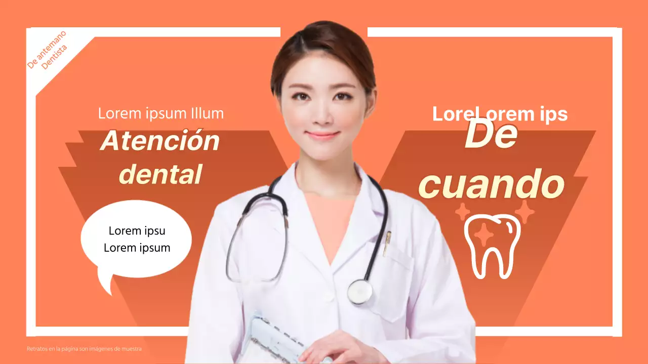 Información dental del dentista en naranja y blanco