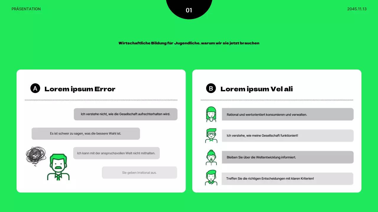 Minimalistische Präsentation zur wirtschaftlichen Bildung von Jugendlichen in Lindgrün und Schwarz