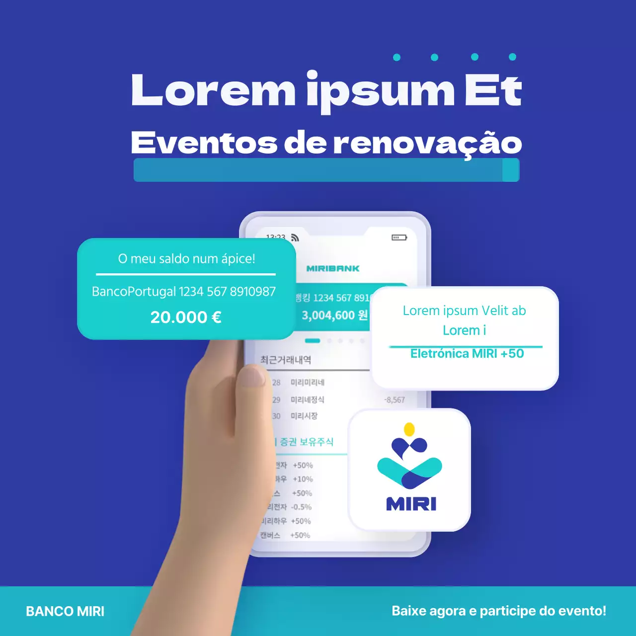 Ilustração 3D a azul e menta de uma pessoa a segurar um telemóvel com uma aplicação financeira