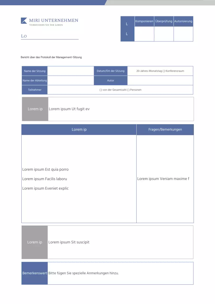 Einfacher blauer und grauer Bericht über das Protokoll der Vorstandssitzung