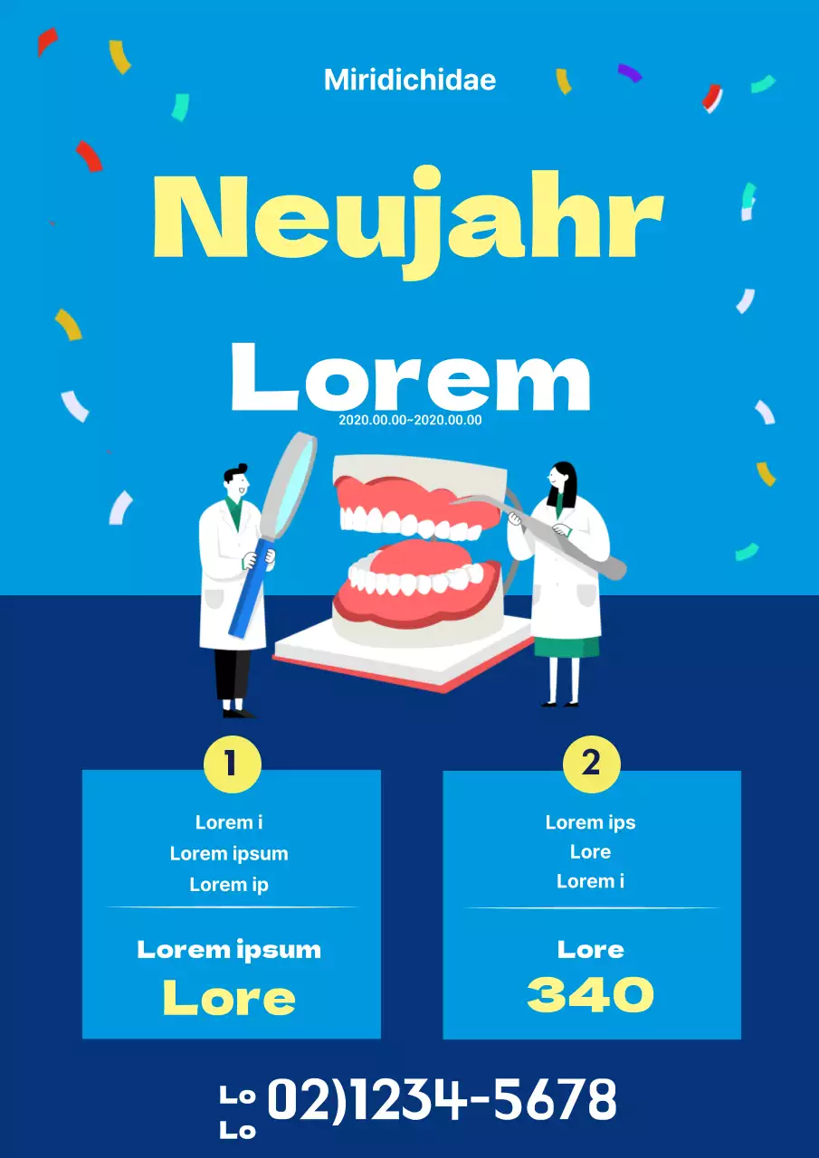 Niedlicher Werbeflyer für eine zahnärztliche Neujahrsveranstaltung in Blau und Gelb