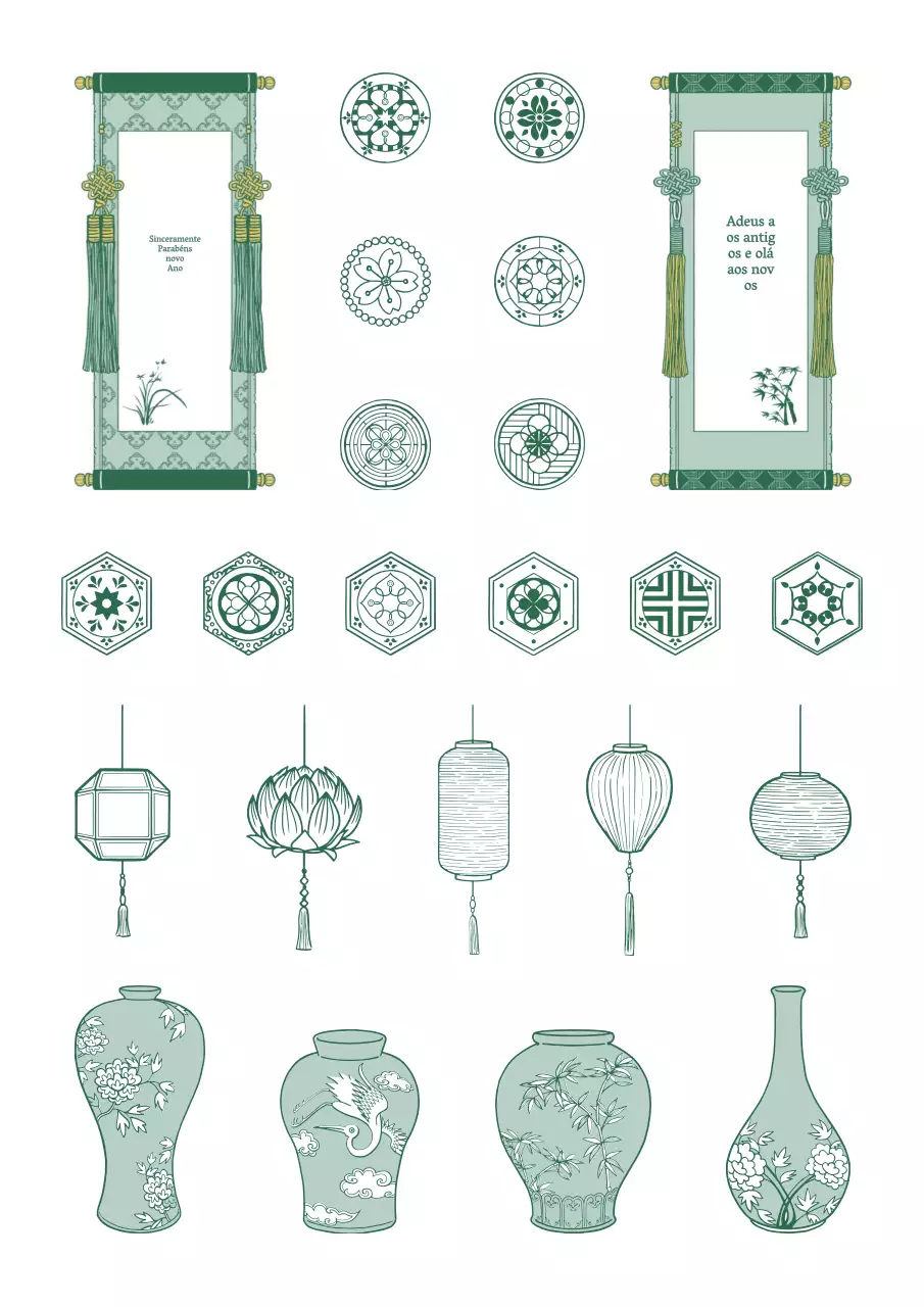 Ilustração concetual tradicional coreana em verde e branco