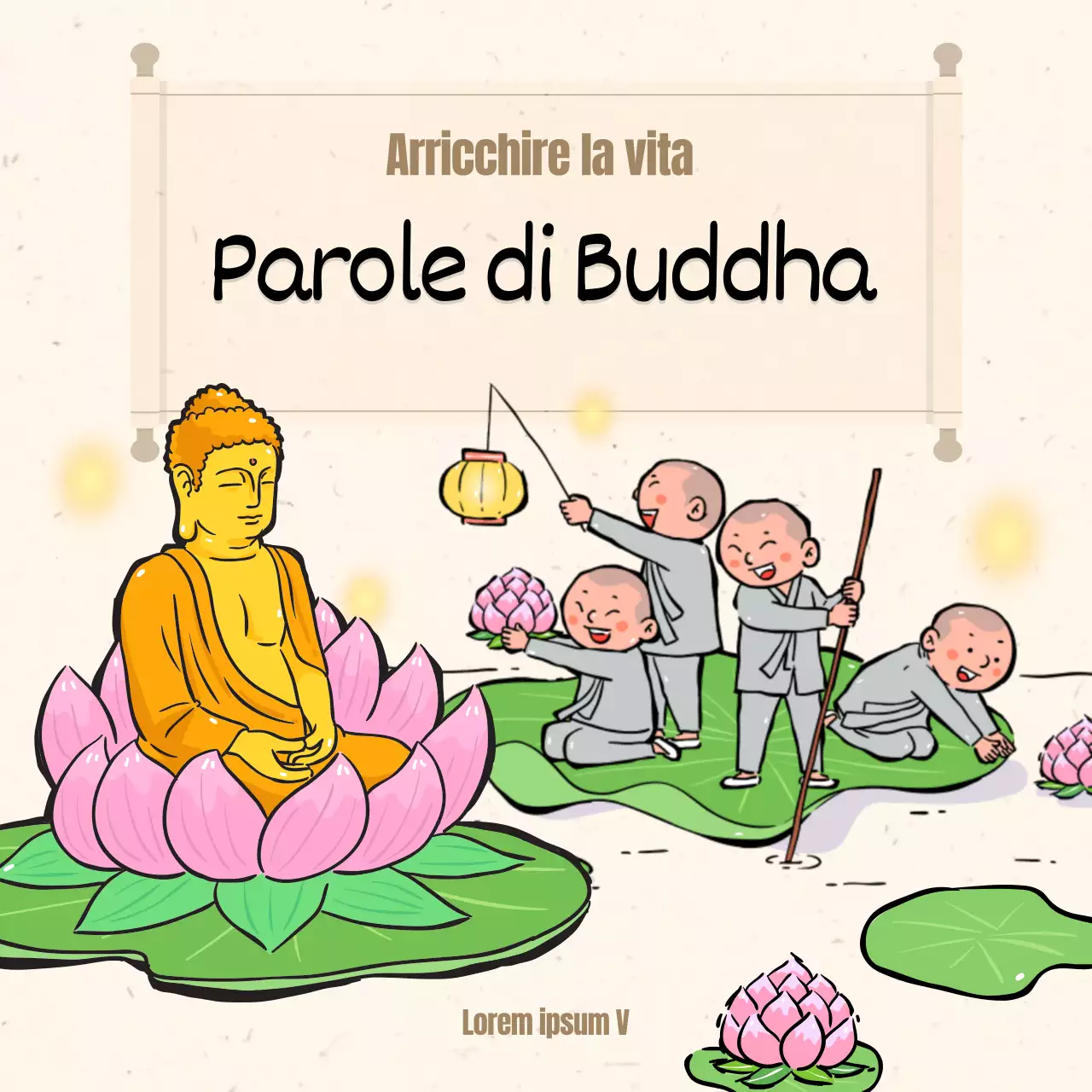 Una raccolta di illustrazioni buddiste in beige.