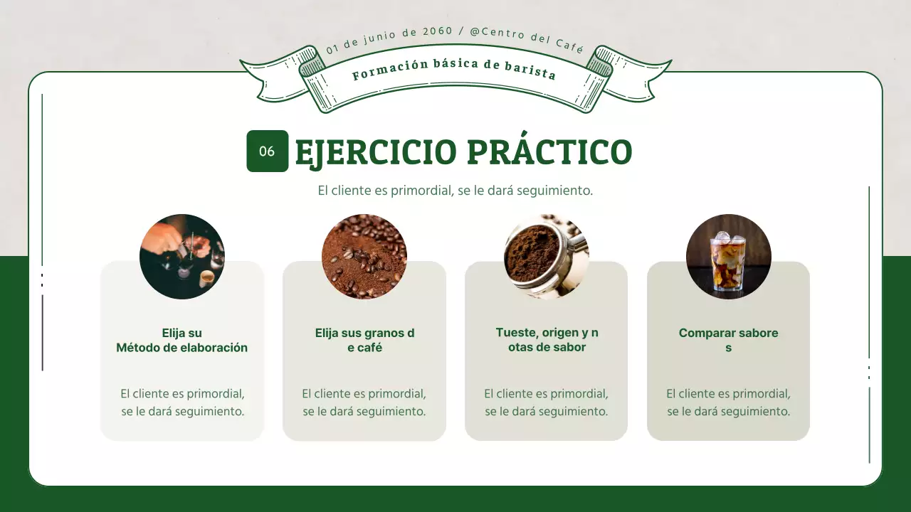 Formación de baristas con ilustraciones verdes en 3D