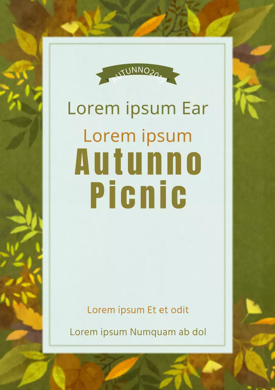 Annuncio e promozione di un picnic autunnale con illustrazioni di varie foglie verdi.