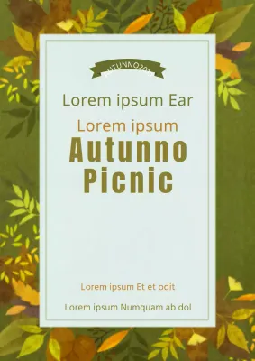 Annuncio e promozione di un picnic autunnale con illustrazioni di varie foglie verdi.