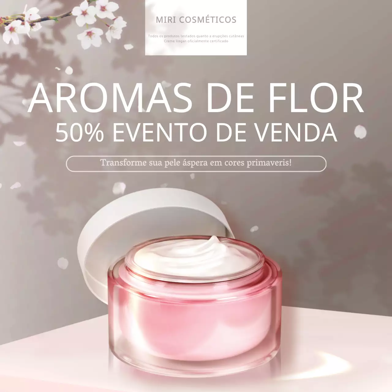 Promoção de um anúncio de cosméticos em rosa e branco com um tema de primavera