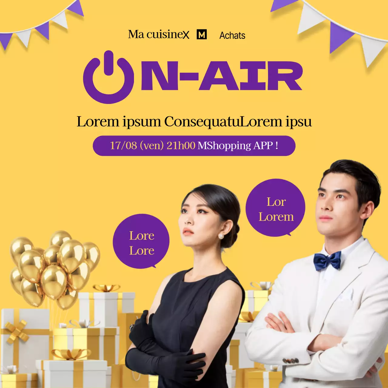 Shopping en direct lors d'une exposition de fêtes à domicile mettant en valeur des photos de modèles de téléphones portables jaunes et violets