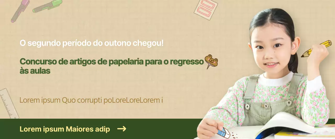 Venda de artigos de papelaria verdes e castanhos para o regresso às aulas