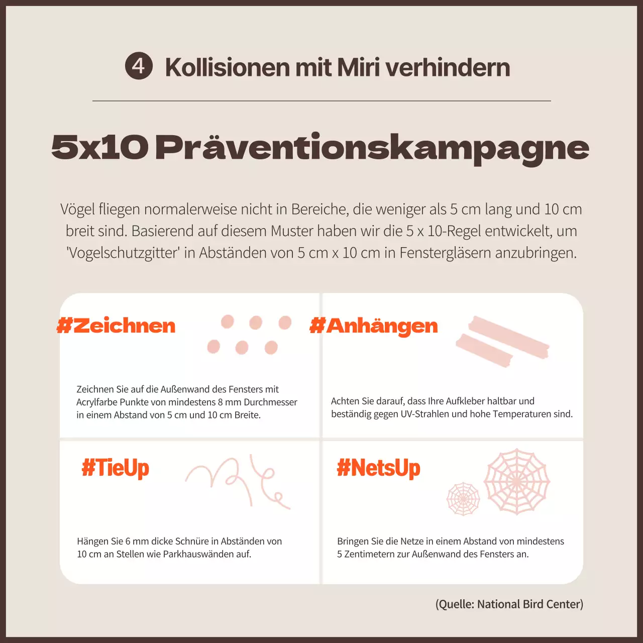 Eine saubere Kampagne gegen Vogelkollisionen mit orangefarbenen Akzenten