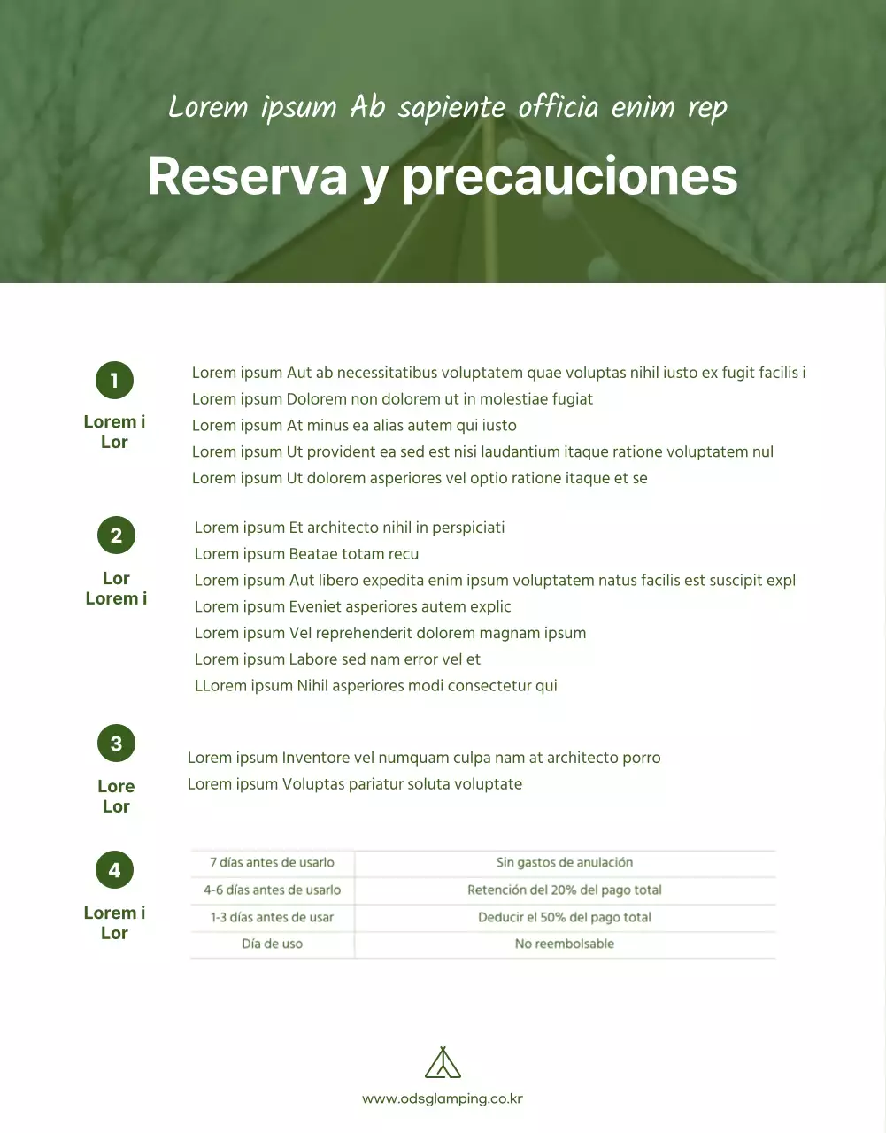 Sencilla página verde ilustrada de reservas de camping