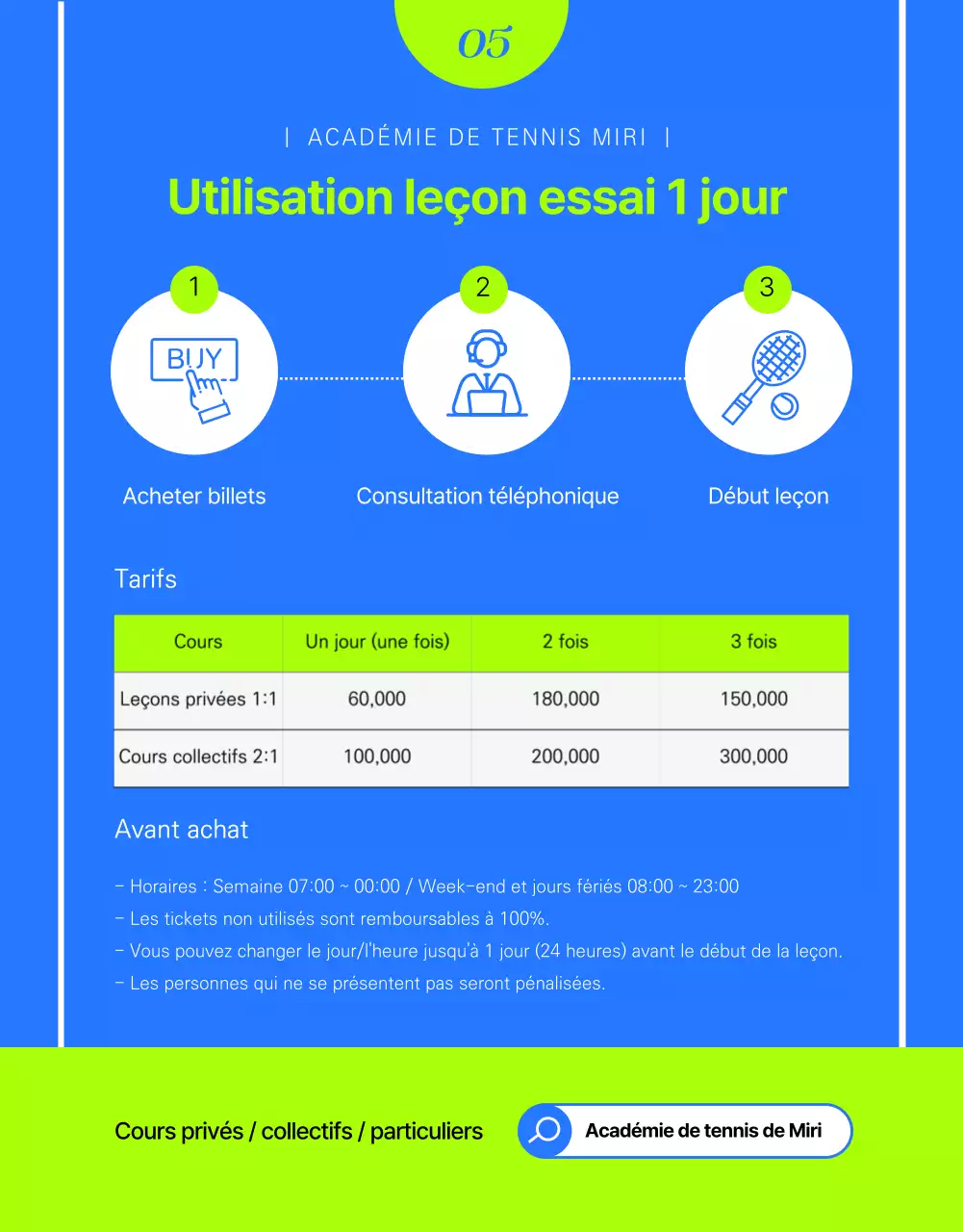 Leçons de tennis d'une journée en bleu et couleurs néon Billet d'expérience d'une journée Leçon 1:1 Santé et Fitness MyTennis Academy