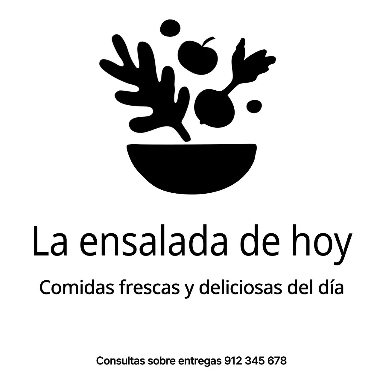 Diseño de tienda de ensaladas con sencillas ilustraciones en negro de verduras y frutas