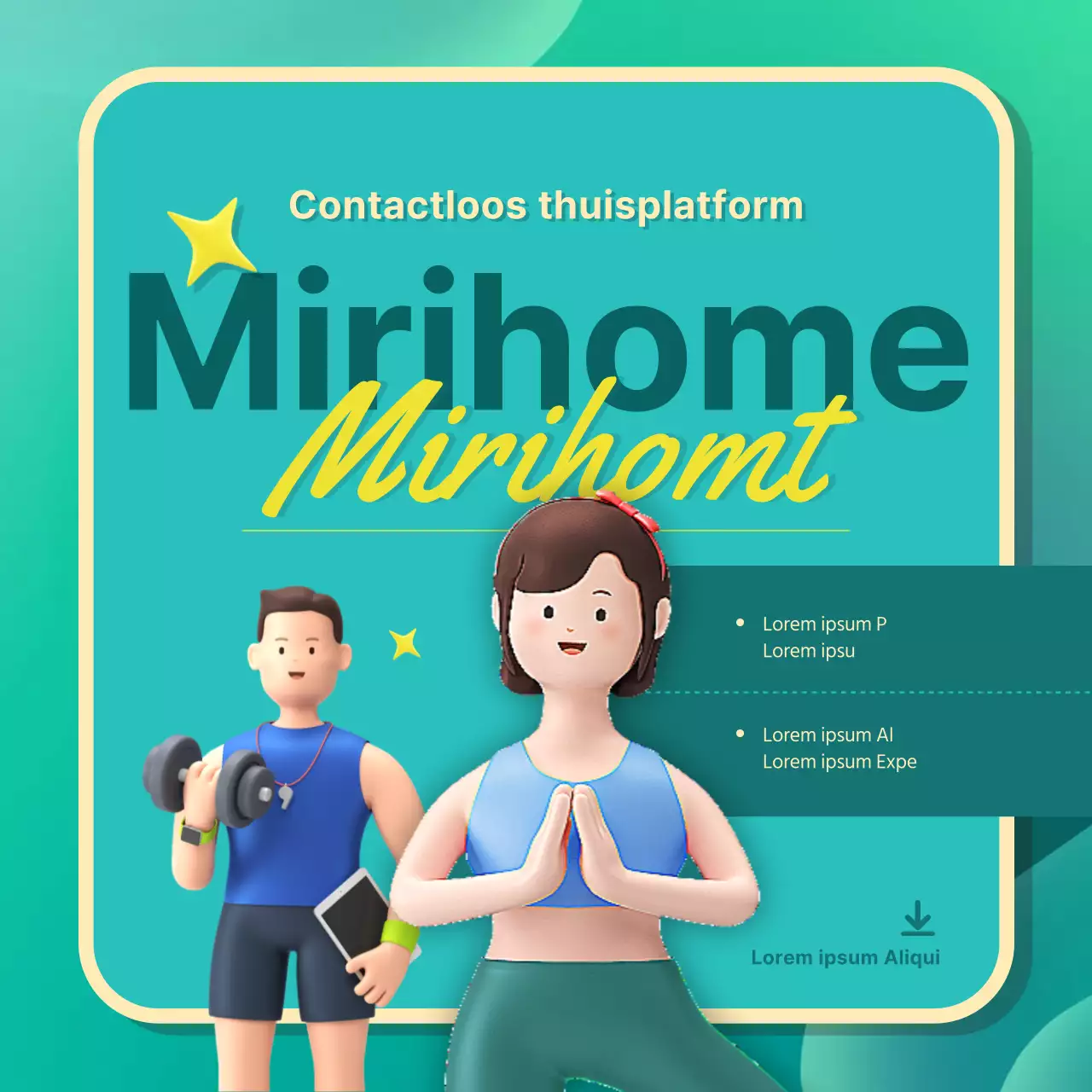 Promoot een schattige 3D contactloze trainingstoepassing voor thuis in groen en roze.