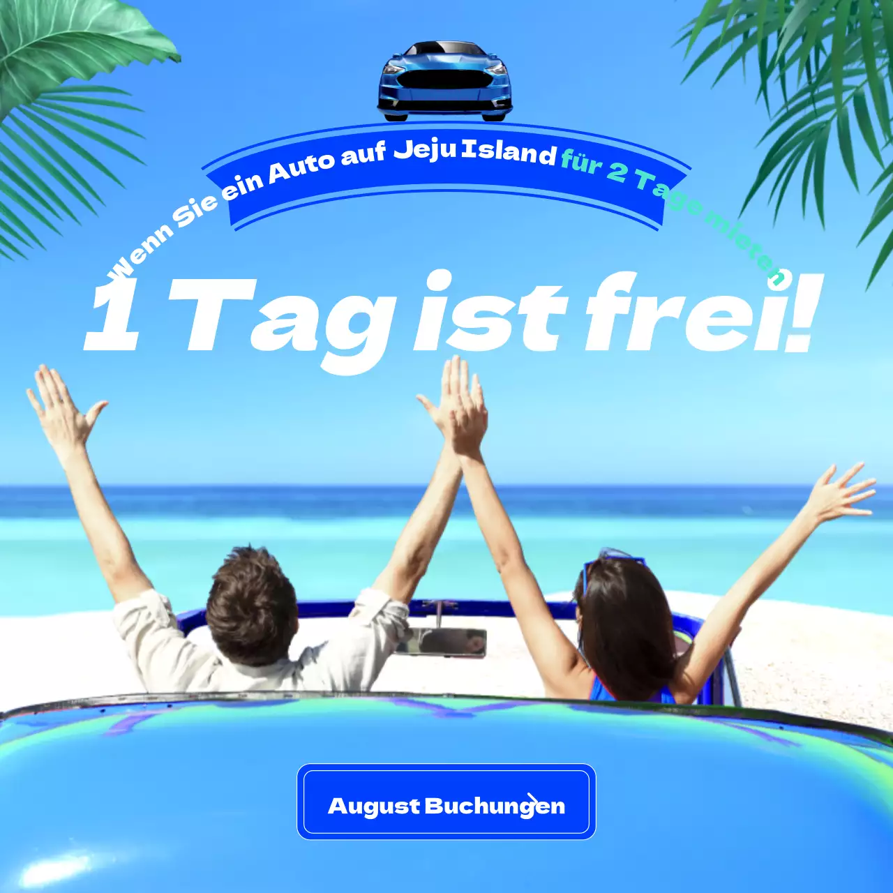 Werbung für die tropischen blau-weißen Autovermietungen auf der Insel Jeju