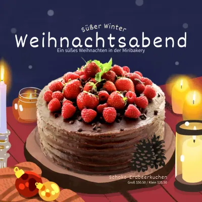 Illustrierte Tortenwerbung in Marineblau und Rot