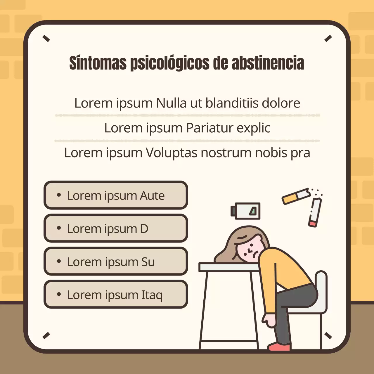 Simpática ilustración amarilla y marrón de los síntomas de abstinencia del tabaco