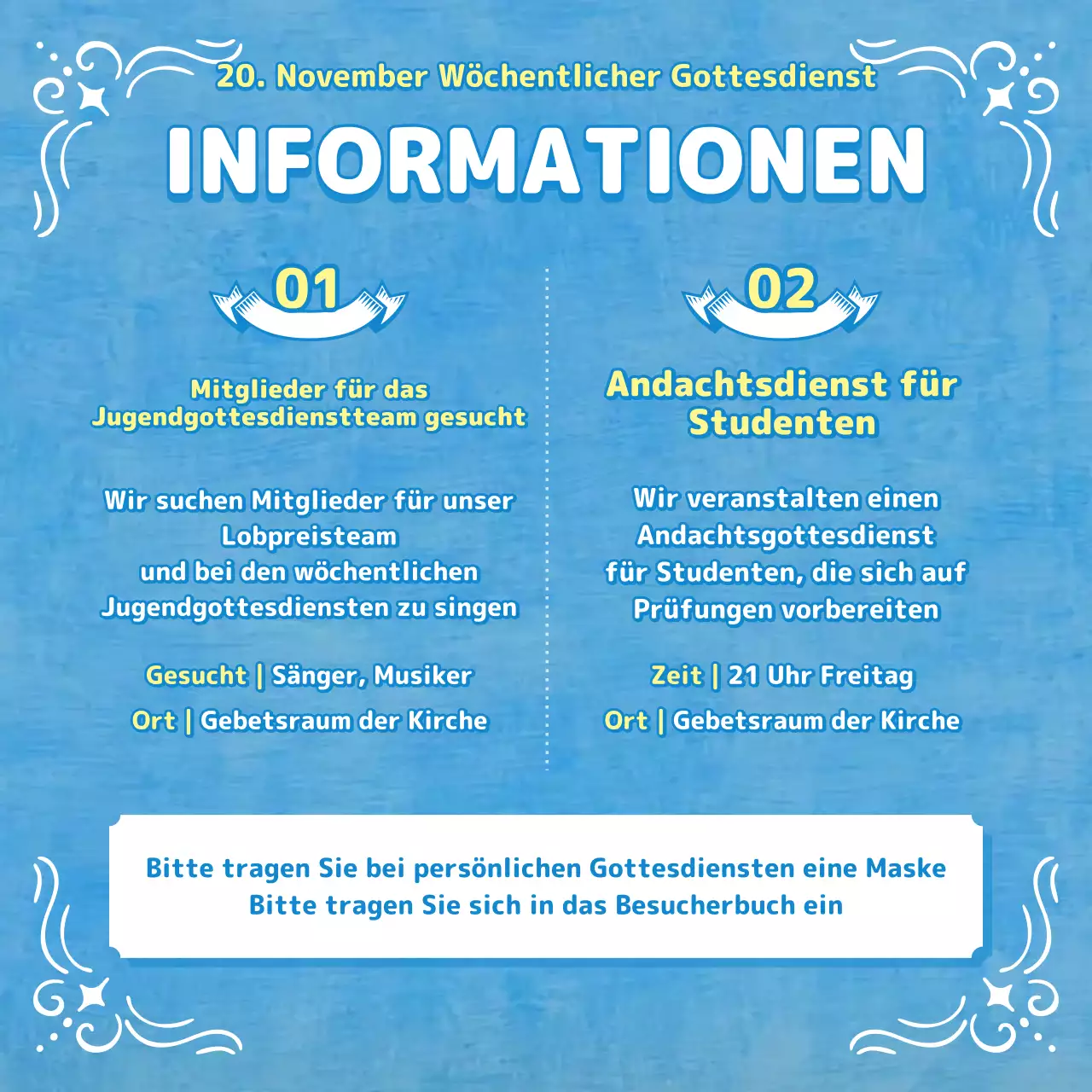 Gottesdienstbulletin in hellblauen Tönen mit christlichen Illustrationen