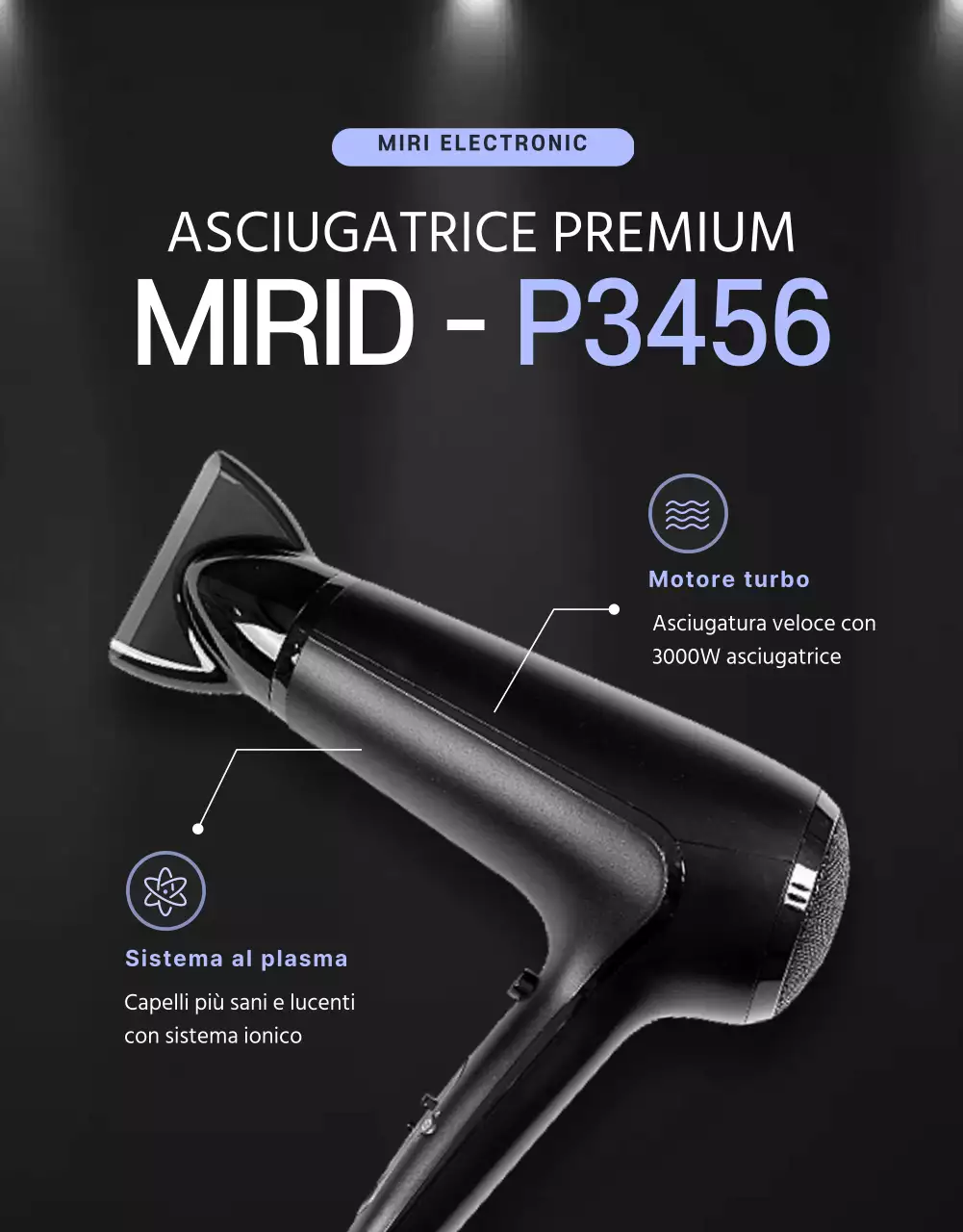 Asciugacapelli nero e viola con un concetto pulito