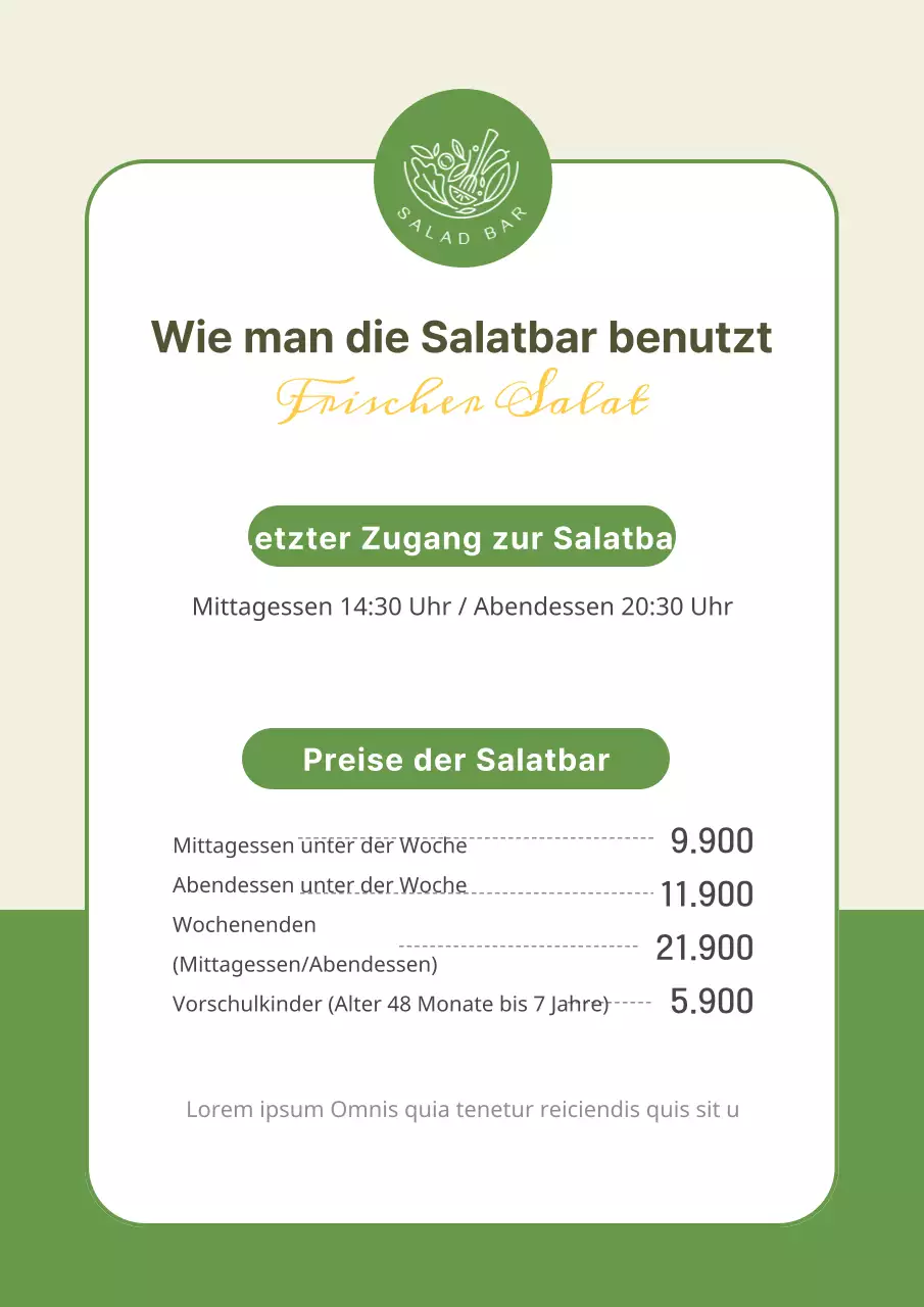 Wie man die Salatbar von Greentone benutzt Informationen in den Geschäften Plakate Plakate in der Salatbar Bekanntmachungen über die Benutzungsregeln
