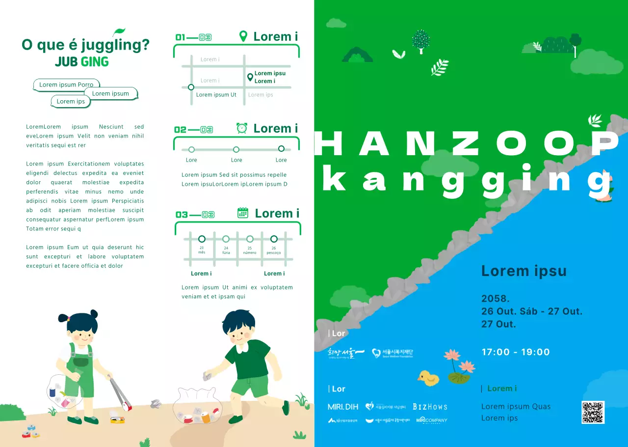 Folheto ilustrado do evento Han River Litter Picking com o mapa Han River Litter Picking