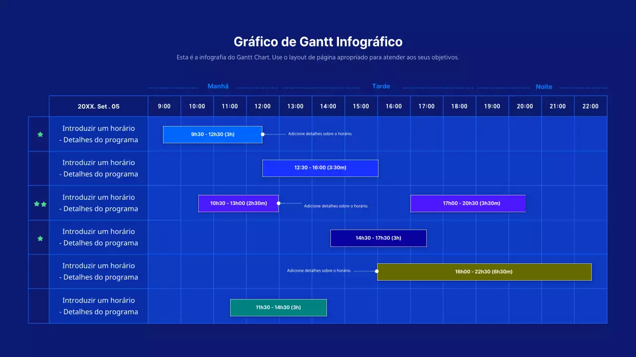 Um diagrama de Gantt concetual simples em azul-marinho e azul