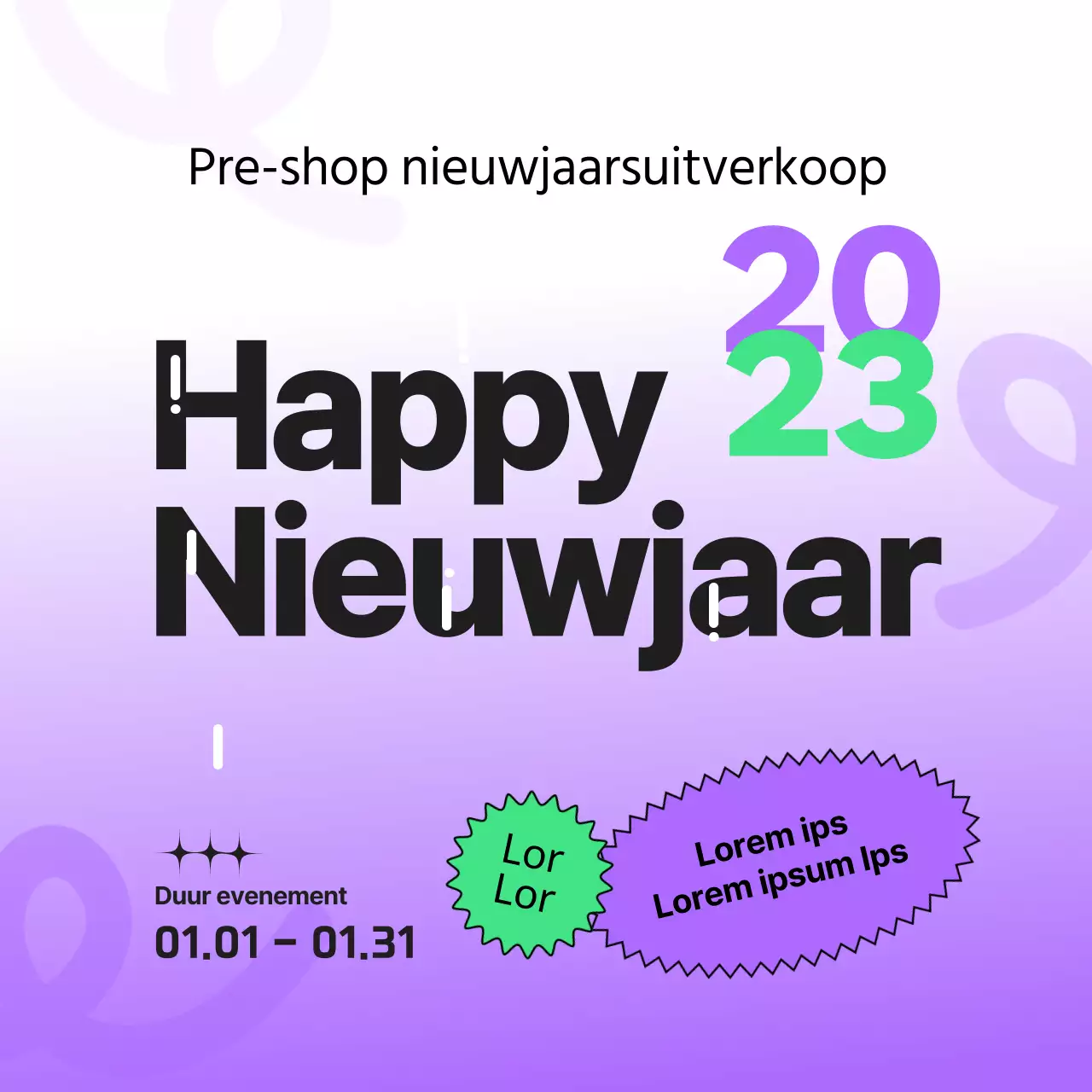 Happy New Year 2023 advertentie in paars en fluorescerend chartreuse
