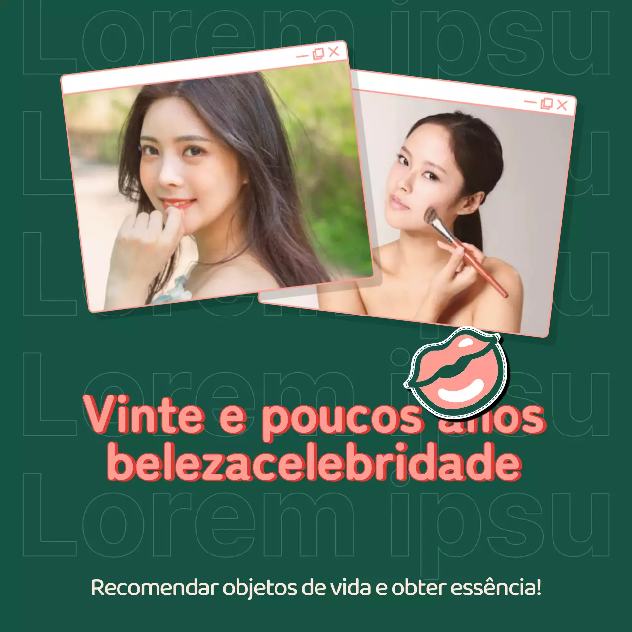 Evento de beleza de uma celebridade de 20 anos com duas modelos femininas numa moldura de fundo verde