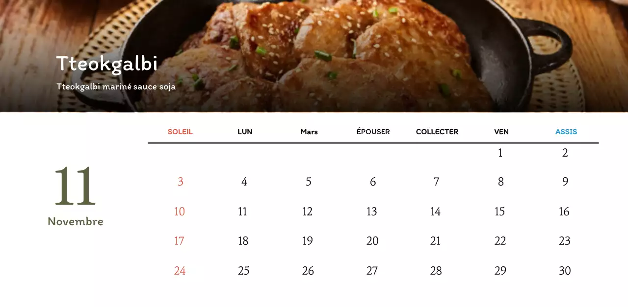Calendrier des coupons de restaurants coréens traditionnels en beige et marron