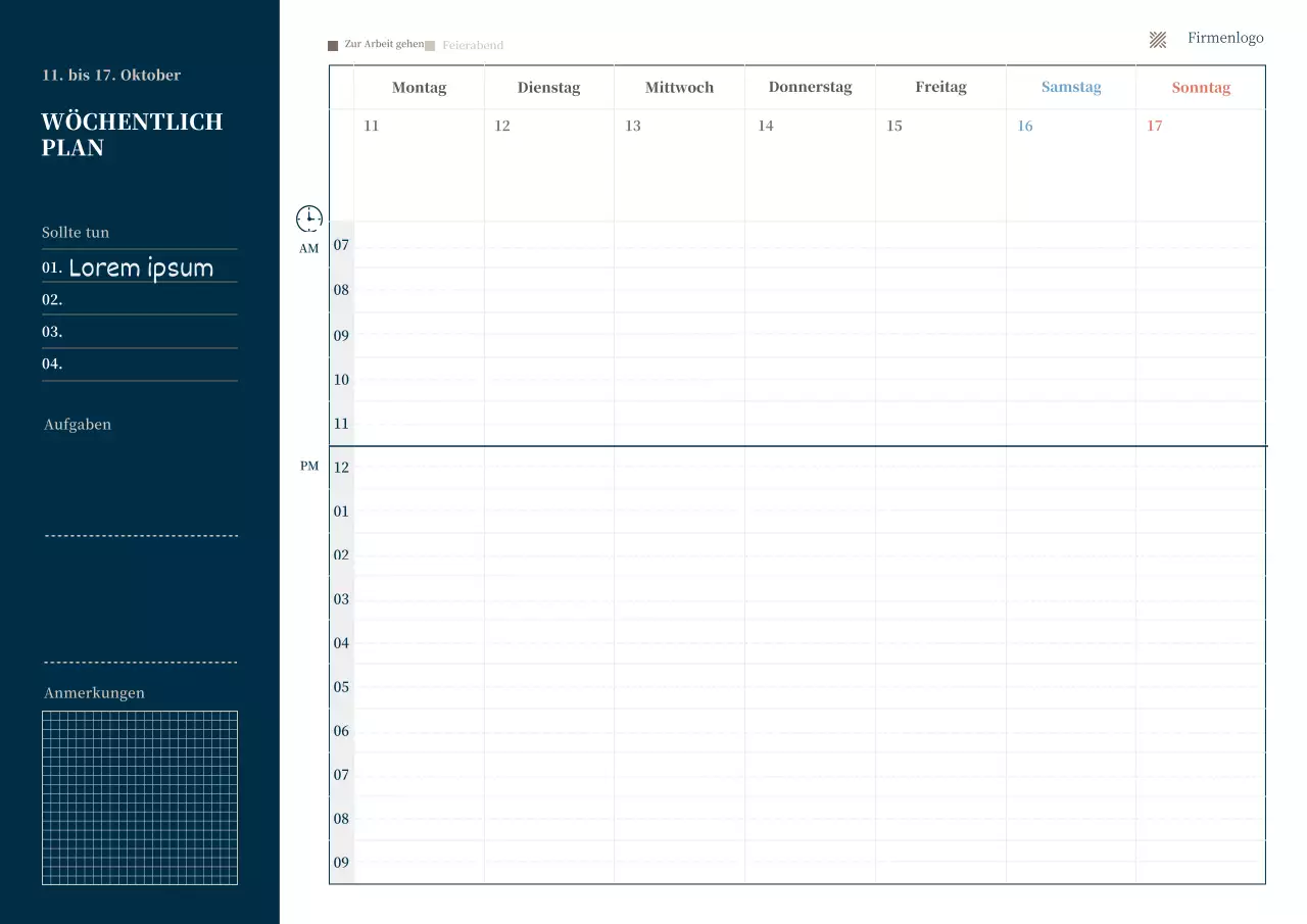 Einfacher digitaler Wochenplaner in marineblauem Business-Stil