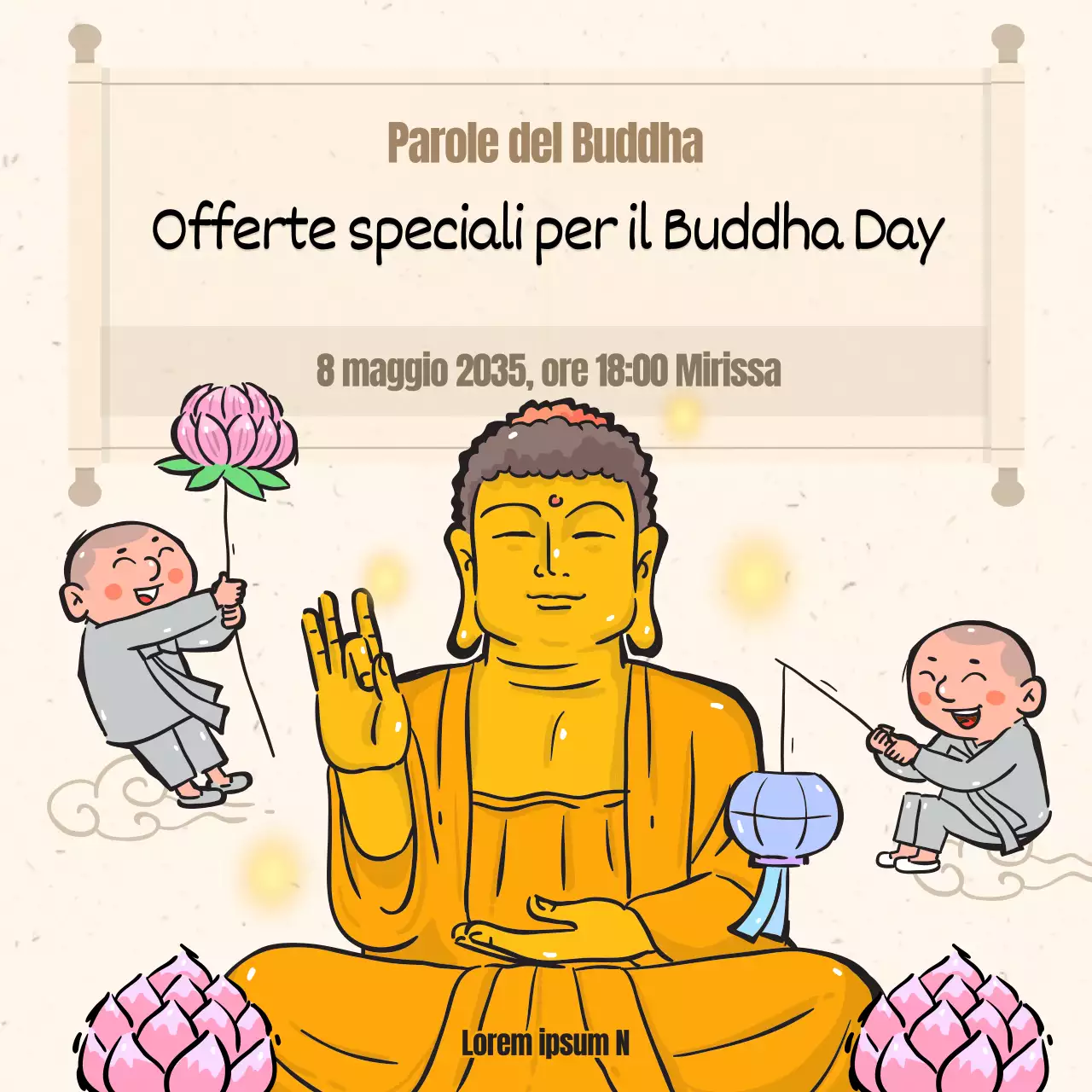 Una raccolta di illustrazioni buddiste in beige.