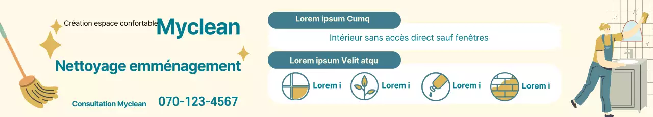 Illustration bleue et jaune promouvant un service de nettoyage d'emménagement bien rangé