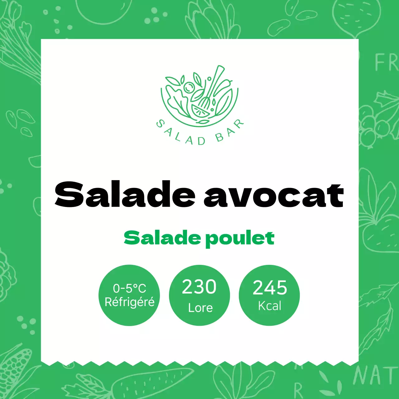 Étiquette de salade d'avocat avec motif vert