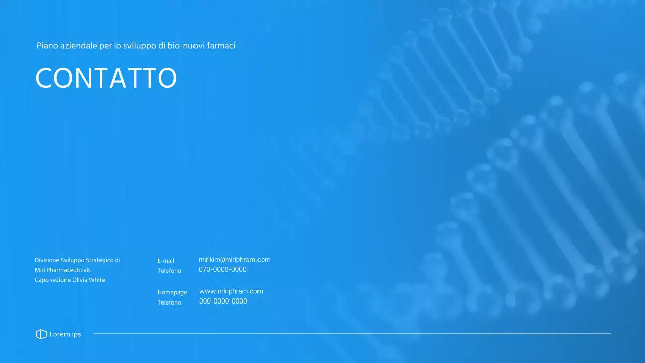 Un business plan pulito e dai toni blu per un'azienda farmaceutica che sviluppa un nuovo farmaco.