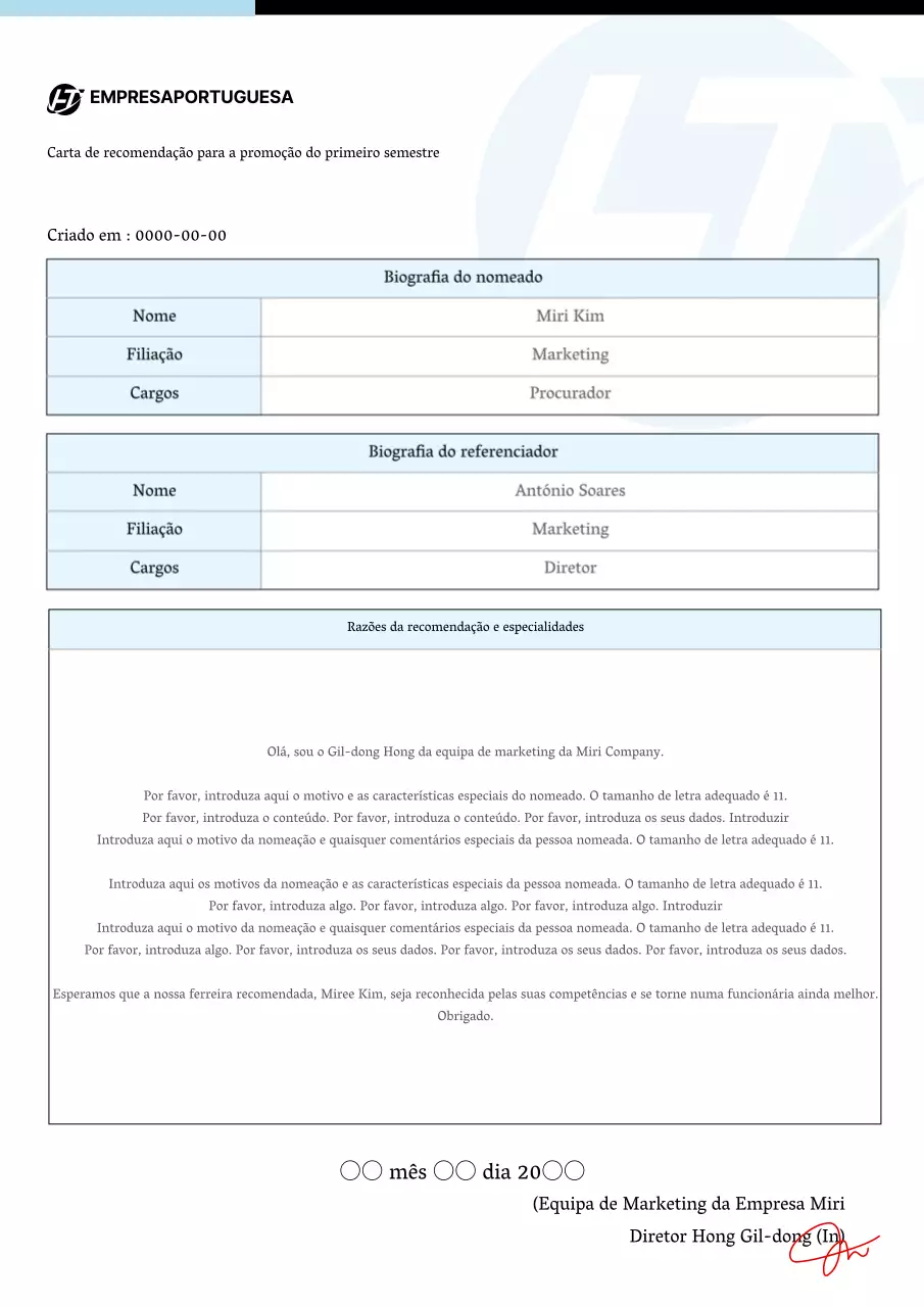 Modelo de carta de promoção azul claro