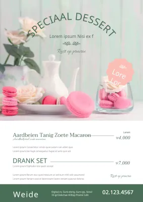 Promoot een menu van een dessertwinkel met foto's van decadente desserts in groene en roze kleuren