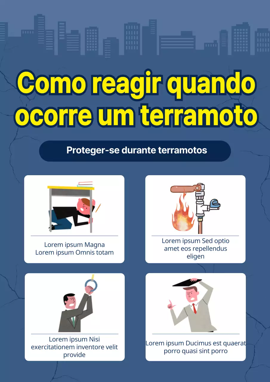 Conteúdo azul e ilustrado sobre a preparação para terramotos