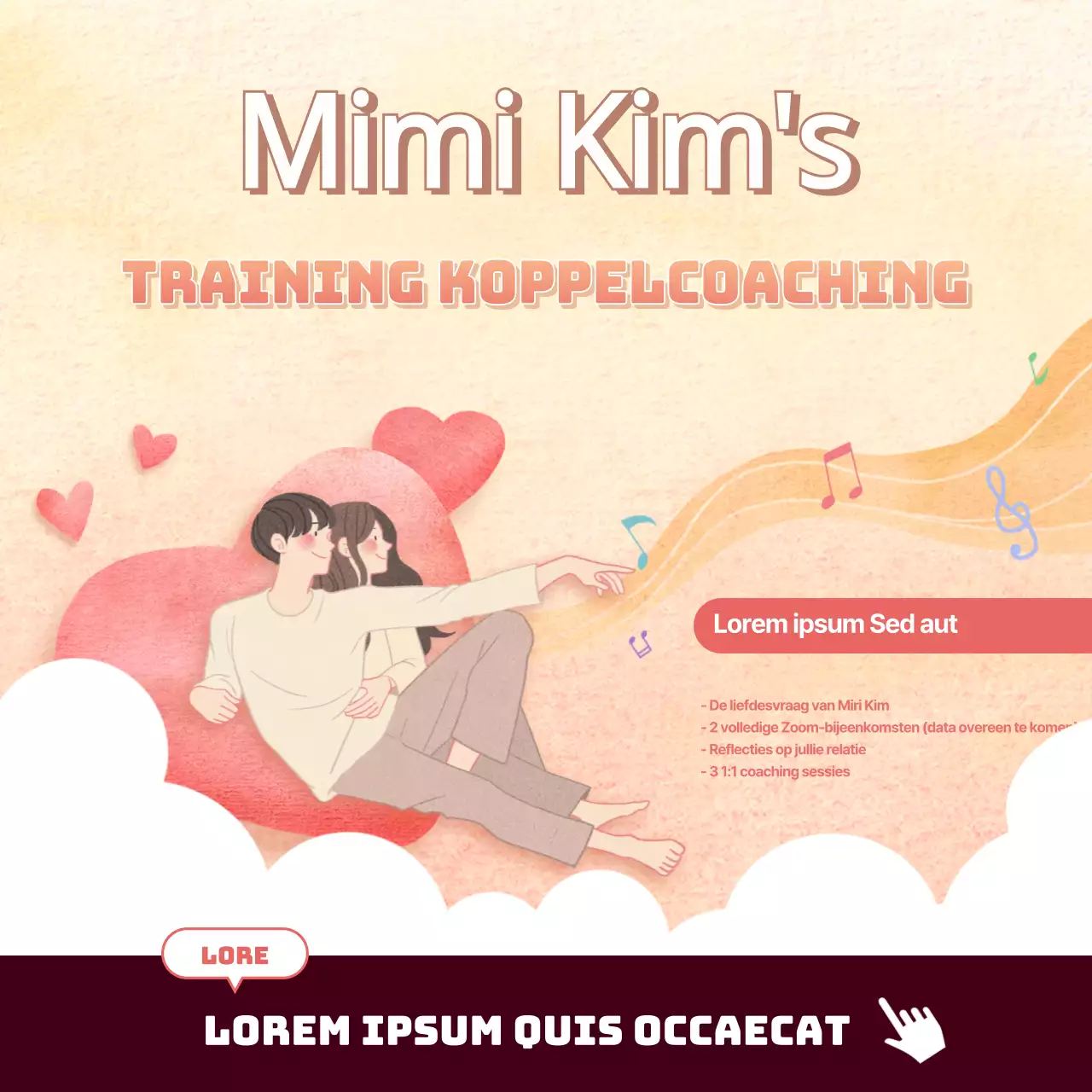 Warm koppel coachtraining in geel en roze (sociale mediapleinen)