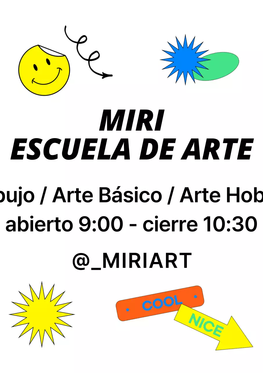 Un diseño promocional para una escuela de arte con una variedad de pegatinas de colores.