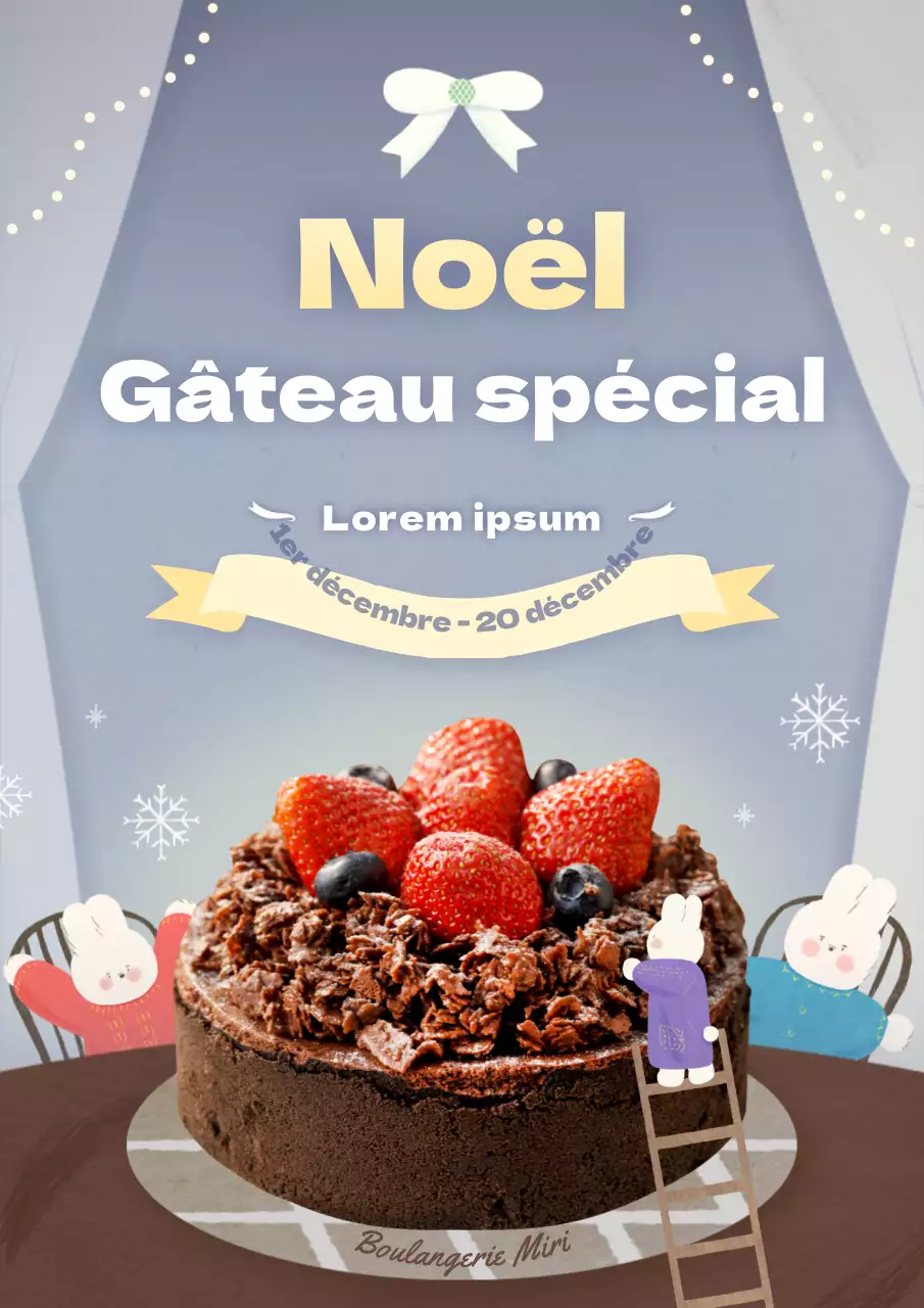 Réservez un gâteau de Noël avec de jolies illustrations de lapins dans des tons gris, bleus et roses.