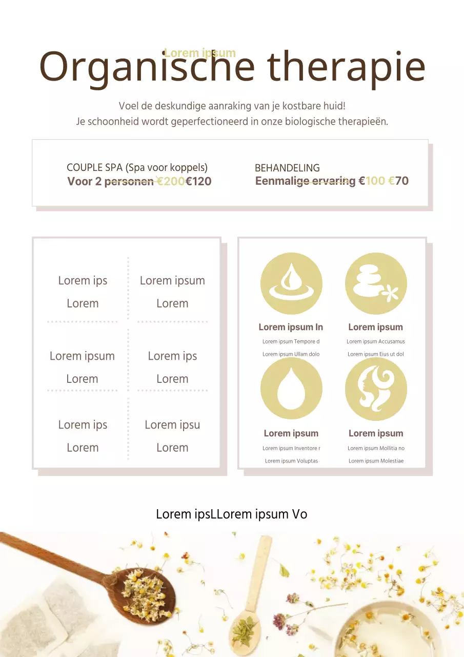 Promoot een nette massagesalon met bruine en ivoorkleurige bloemenfoto's en een strakke uitstraling