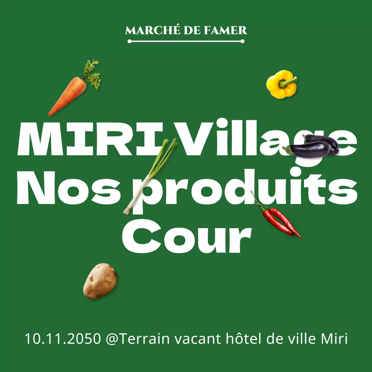 Un guide du marché de producteurs au milieu de la cour avec une image simple de produits dans les tons verts.