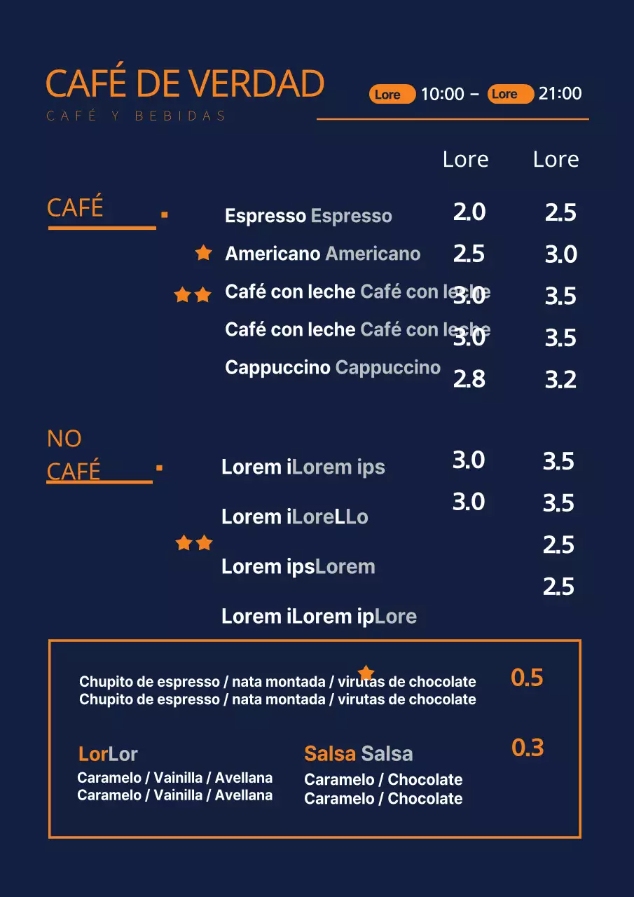 Cartel de menú de cafetería azul marino