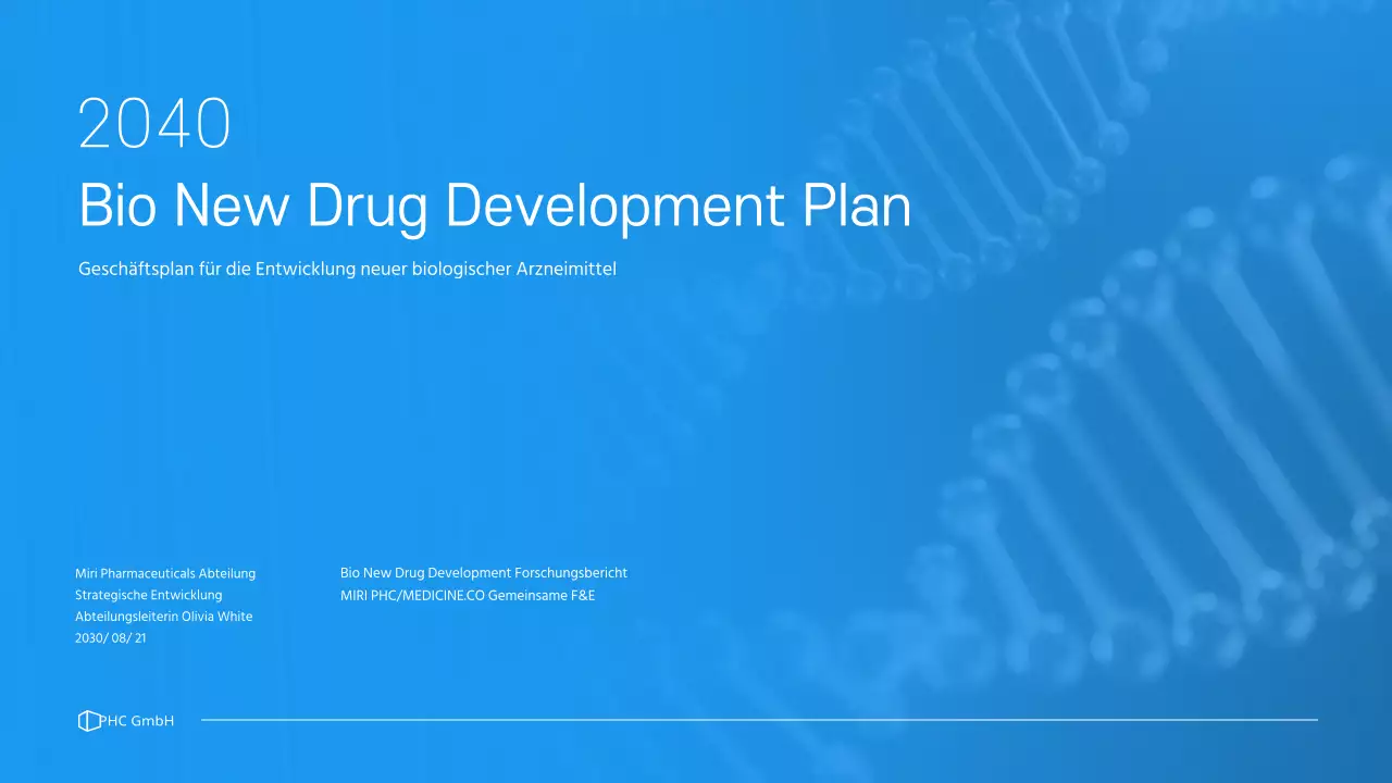 Ein sauberer, blau getönter Geschäftsplan für ein Pharmaunternehmen, das ein neues Medikament entwickelt.