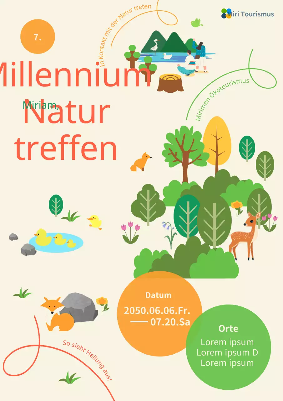 Eine von der Natur inspirierte Veranstaltung mit orangefarbenen und grünen Akzenten und niedlichen Illustrationen