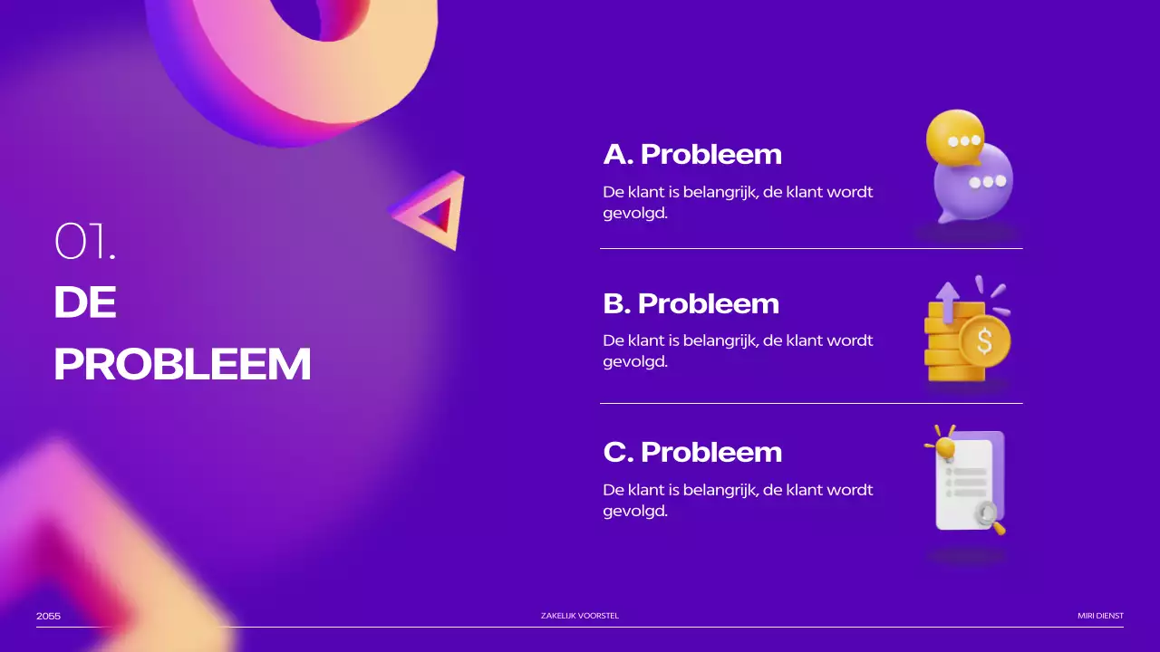 Pitch deck van paarse 3D vormverloopafbeeldingen